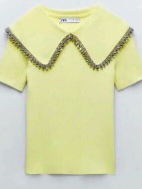 Zara Yellow Knit Top with Embellished Collar